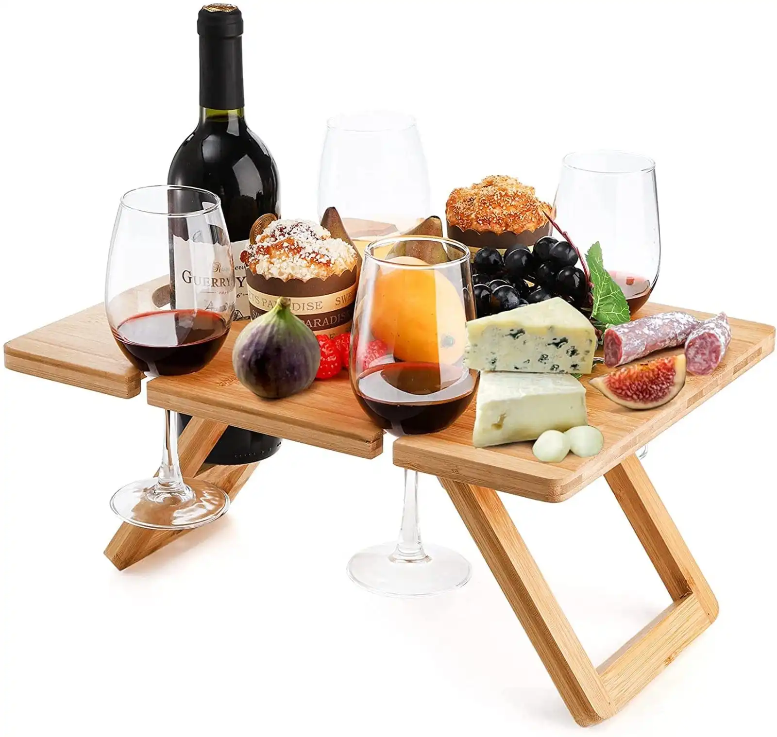 Bamboo Portable Picnic Table Foldable outdoor Tray w 4 Wine Holders