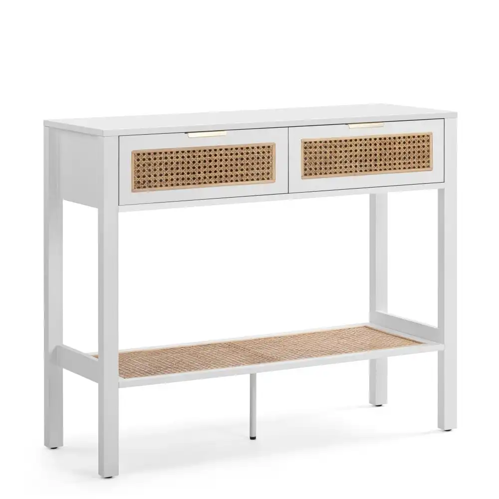 Lucien Wooden Hallway Console Hall Table W/ 2-Drawers - White/Rattan