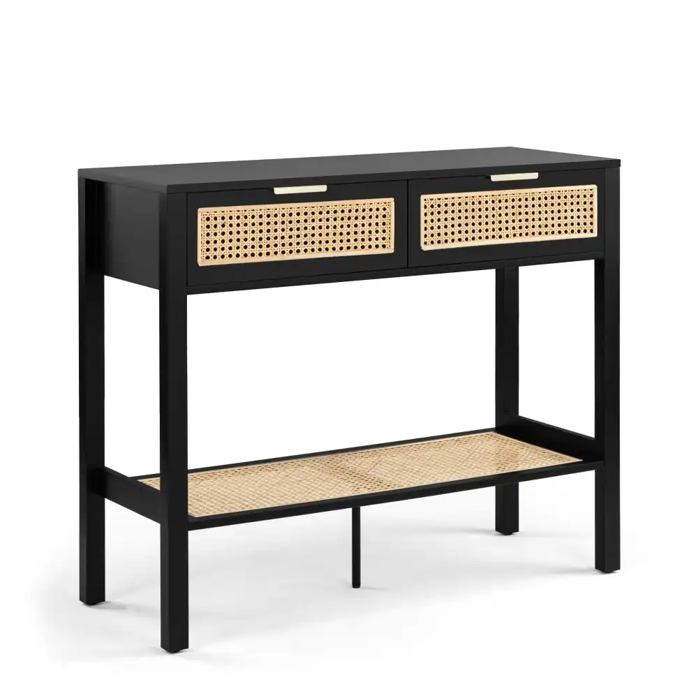 Lucien Wooden Hallway Console Hall Table W/ 2-Drawers - Black/Rattan