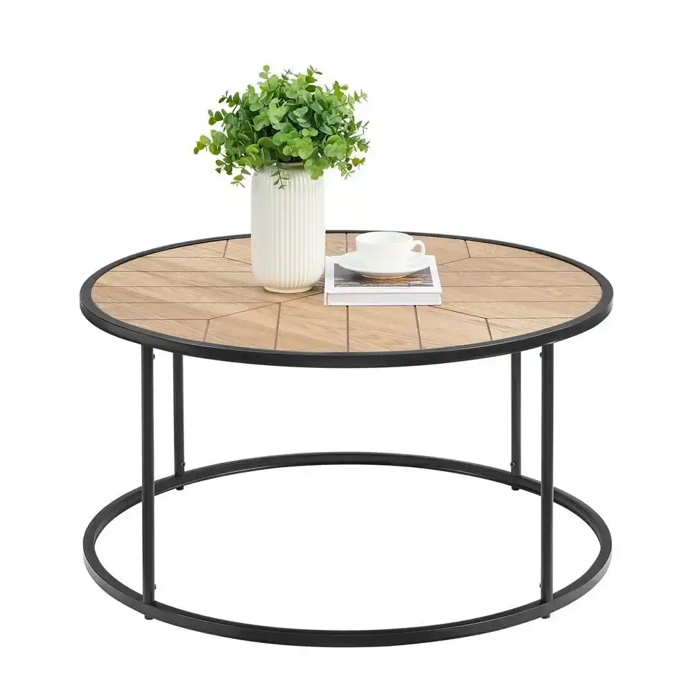 Chevron Round Wood Top Metal Frame Coffee Table - Black & Ash Veneer