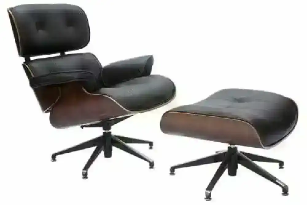 Eames Replica Lounge Chair & Ottoman - 5-Star Ottoman - Premium Leather - Black