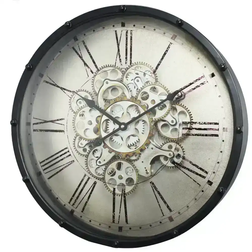 Roman Numeral Round Mirror Wall Clock W/ 3D Moving Mechanism Designer Antique Style 46CM