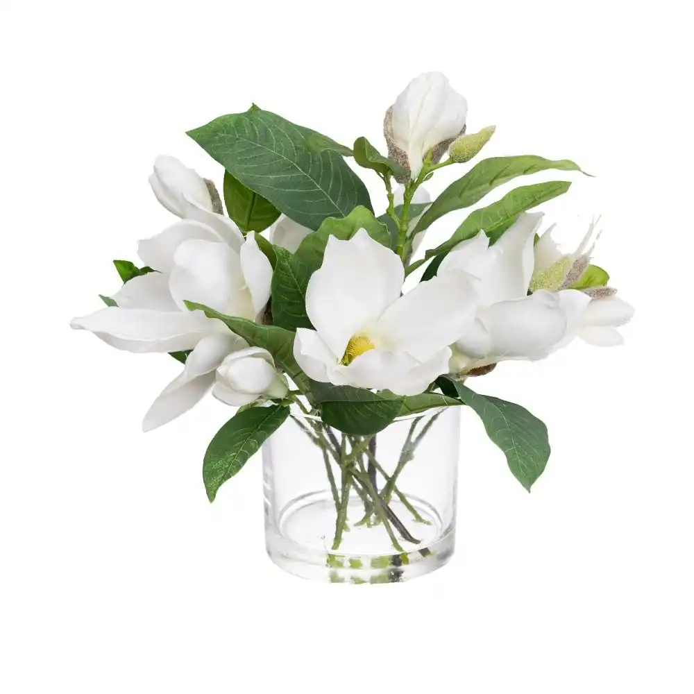 Glamorous Fusion Magnolia Artificial Faux Plant Flower Decorative 35cm In Glass