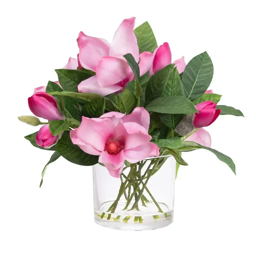 Glamorous Fusion 35Cm Magnolia Artificial Faux Plant Flower Decorative In Glass