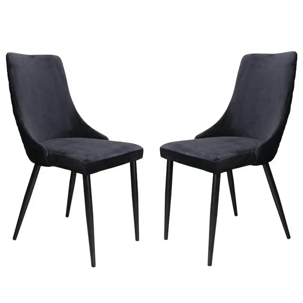 Set of 2 Vale Velvet Fabric Dining Chair - Black Metal Legs - Black
