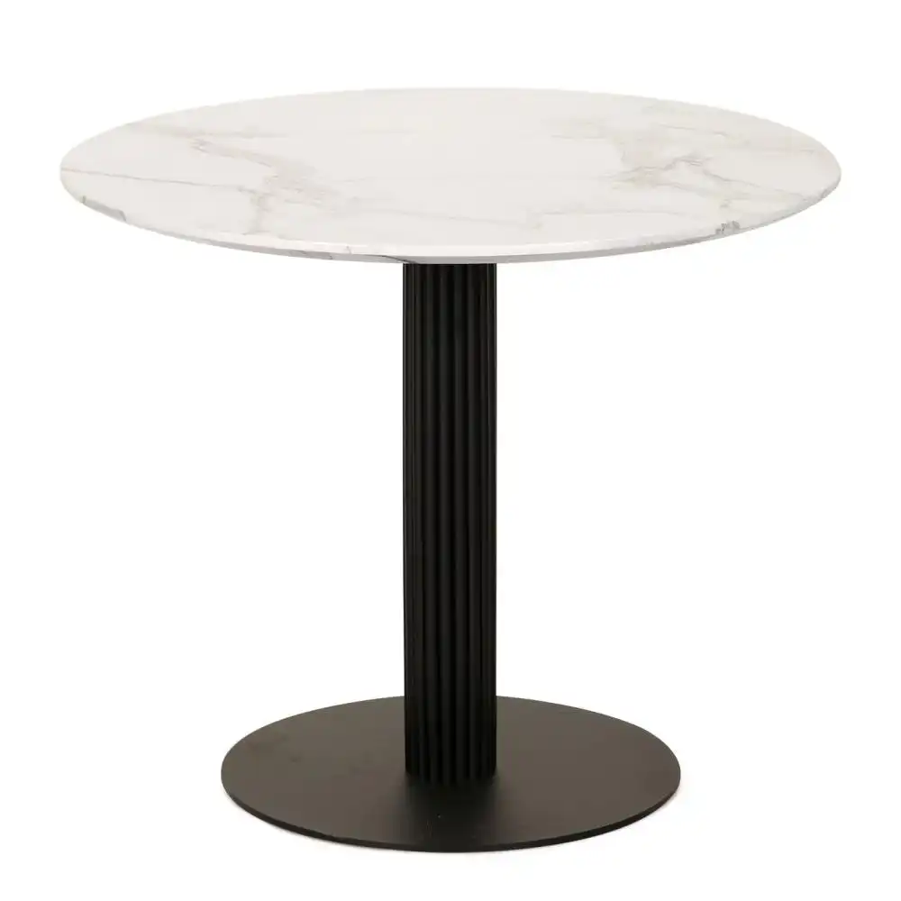 Rafael Round Dining Table With Marble Effect 90cm - Black Metal Frame - White Sevella