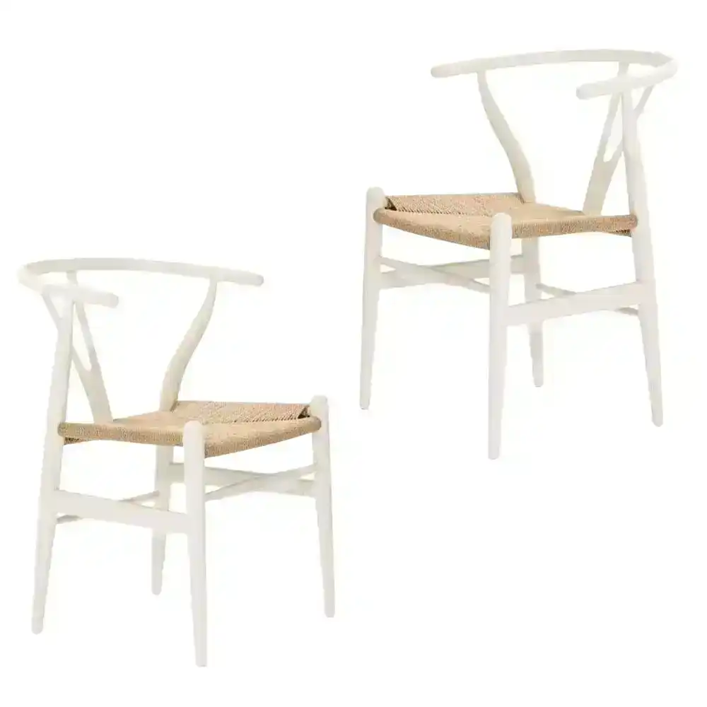 Set of 2 - Hans Wegner Replica Wishbone Cord Dining Chair - White
