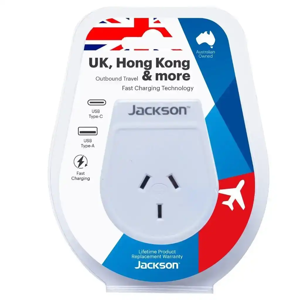 Jackson Outbound Slim USB-A & C Travel Adaptor AUS to UK & HK