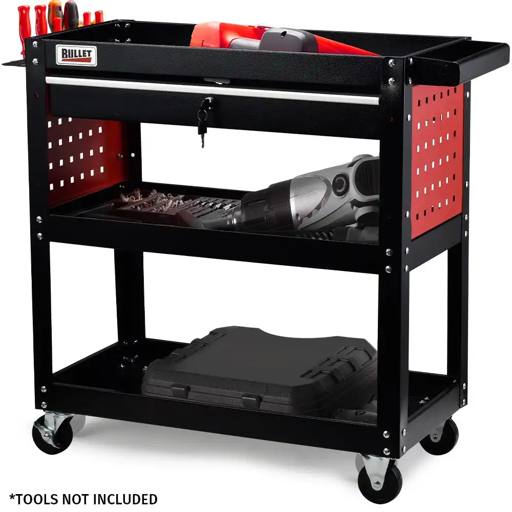 Bullet 3-Tier Steel Tool Trolley Cart, for Workshop, Mechanic, with Drawer, Pegboard, Screwdriver Bay, Black/Red