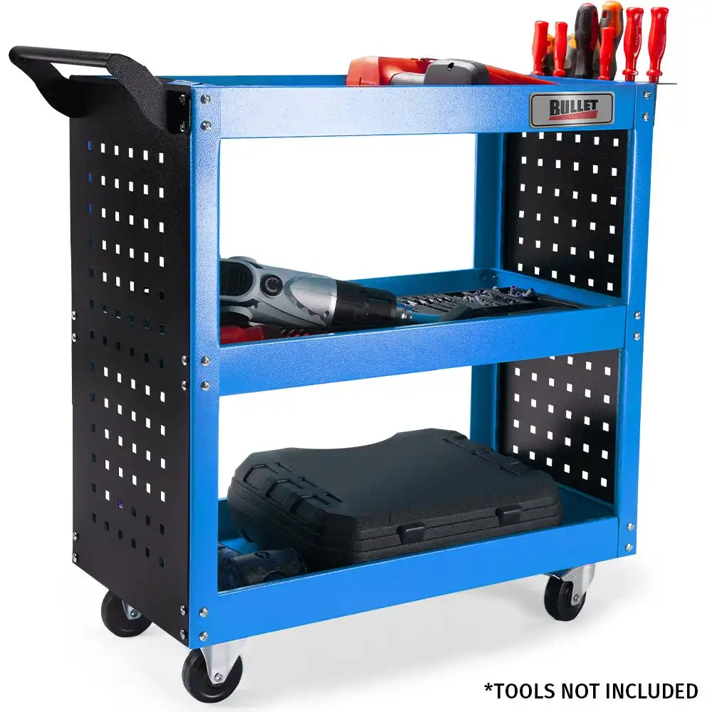 Bullet 3-Tier Steel Tool Trolley Cart, for Workshop, Mechanic, with Pegboard, Screwdriver Bay, Blue