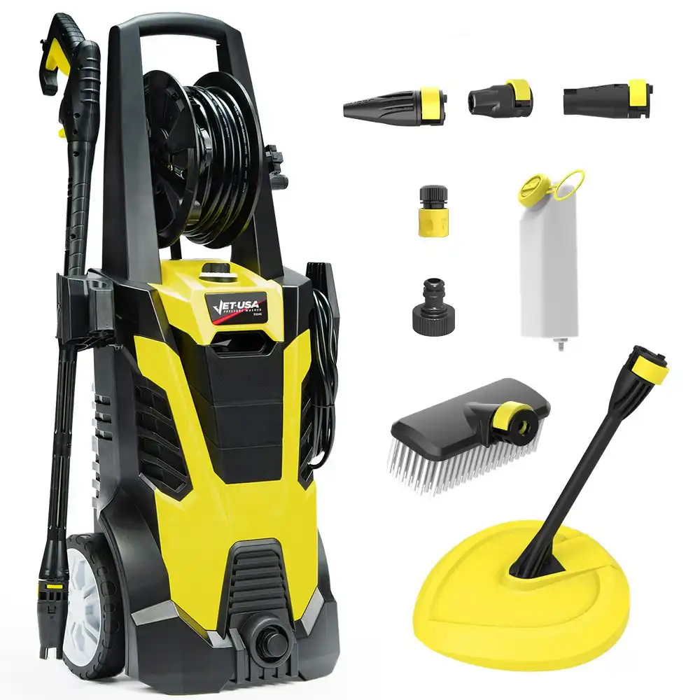 Jet-USA RX540 Electric High Pressure Washer, 2800PSI 2 Nozzles, Brush Head, Deck Cleaner, Detergent Bottle, 10M Hose