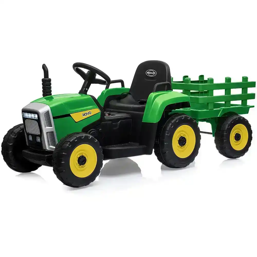 Rovo Kids Electric Ride On Toy Tractor and Trailer Children's Car Remote Control - Green and Yellow