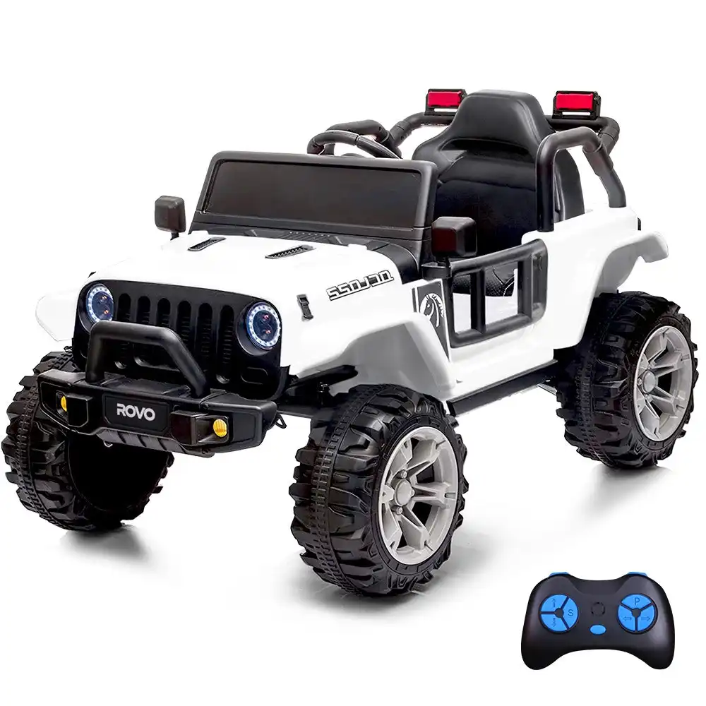 Rovo Kids Jeep Inspired Electric Ride On Toy Car, with Parental Remote Control, Bluetooth Music, White