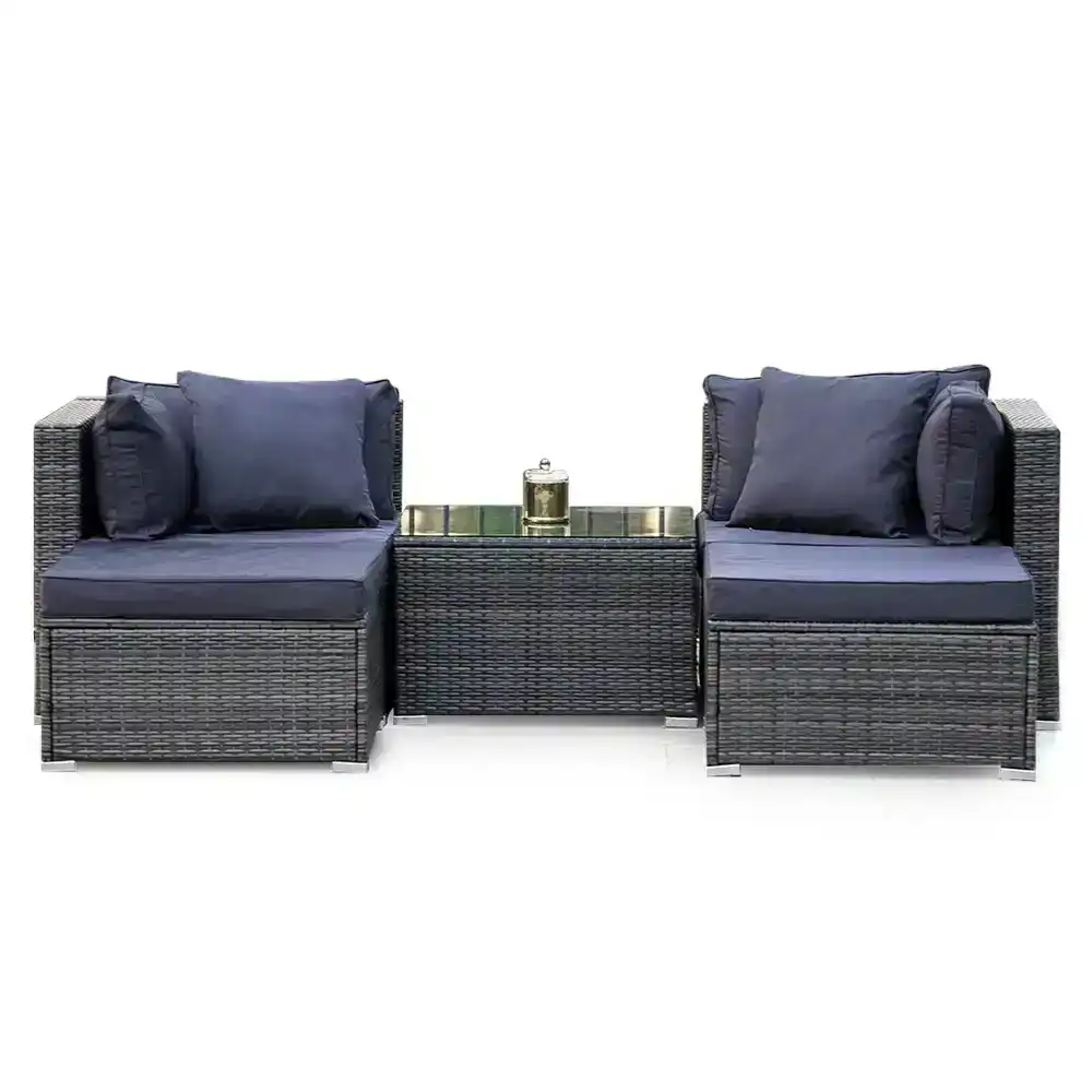 London Rattan 4 Seater Modular Outdoor Lounge Setting with Coffee Table, Ottomans, Grey