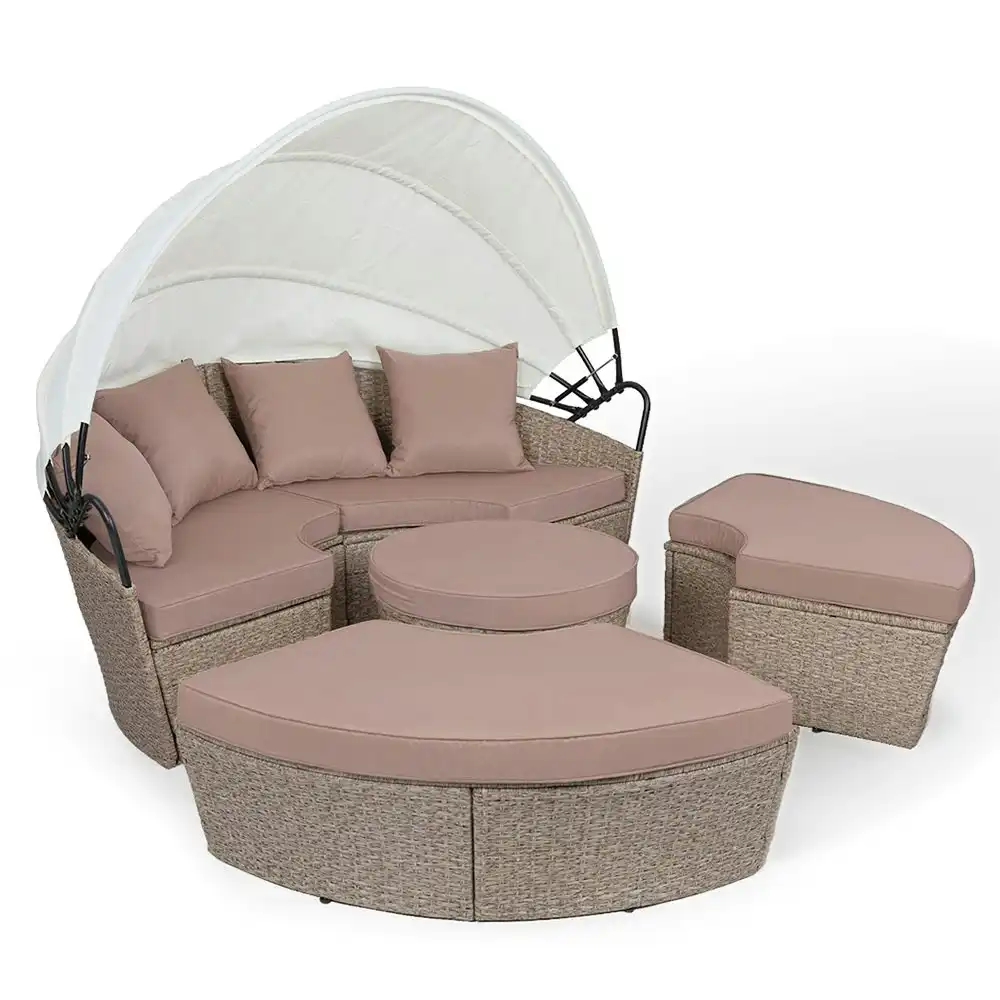 London Rattan 4PC Outdoor Daybed Patio Rattan Sofa Sun Lounge Furniture Wicker Off White Canopy