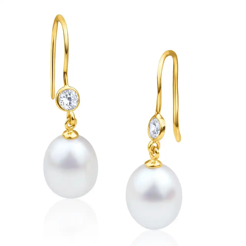 9ct Alluring Yellow Gold Freshwater Pearl and Cubic Zirconia Drop Earrings