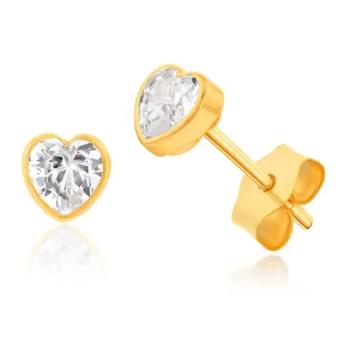 9ct Yellow Gold Bezel Set Heart Shape Cubic Zirconia Stud Earrings