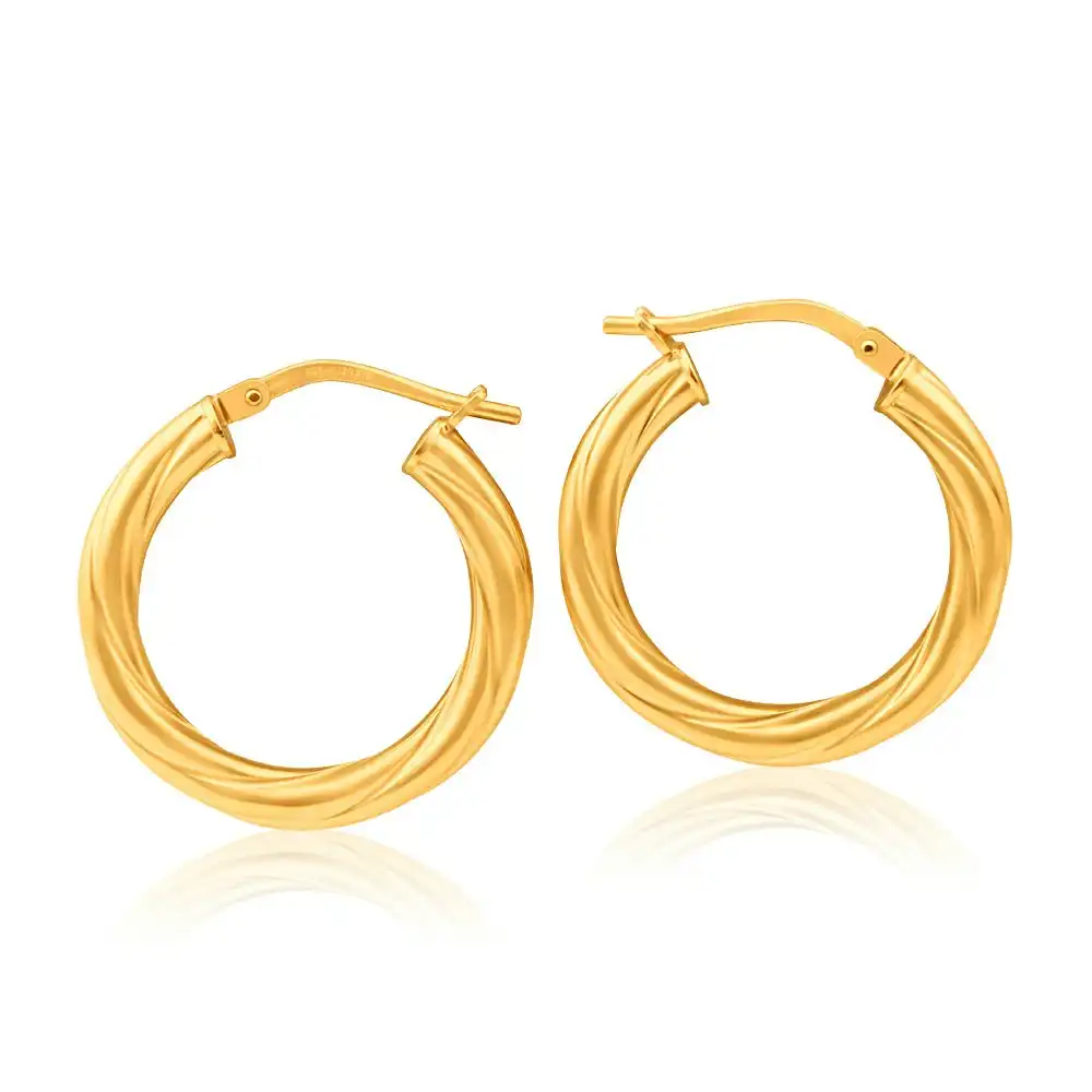 9ct Yellow Gold Silver Filled 15mm Hoop Earrings with twist pattern