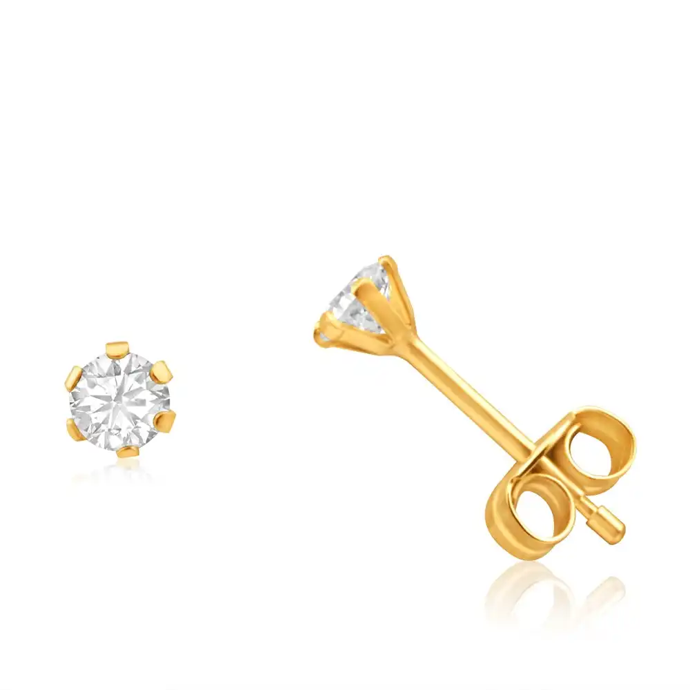 9ct Yellow Gold Cubic Zirconia 3mm 6 Claw Stud Earrings