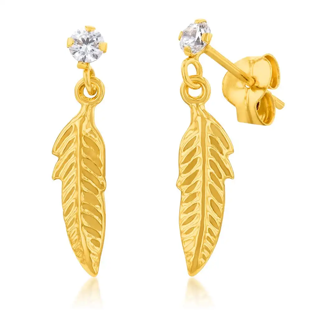 9ct Yellow Gold Zirconia Feather Drop Earrings