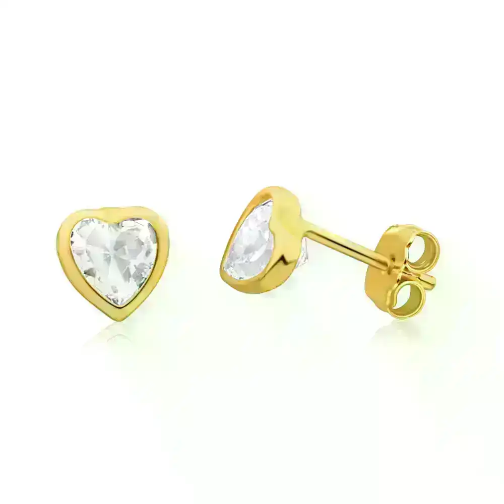 9ct Yellow Gold Silver Filled Cubic Zirconia Heart 5mm Stud Earrings