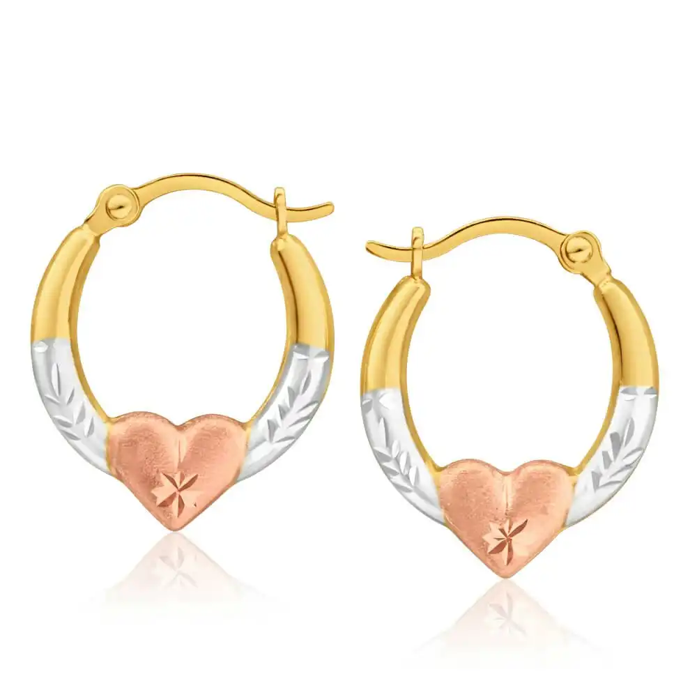9ct Yellow Gold Silver Filled Three Tone Heart Hoop Earrings