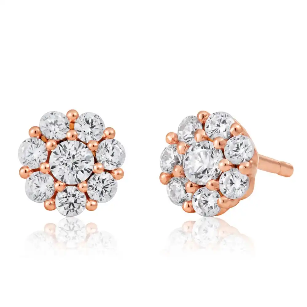 9ct Rose Gold Silver Filled Cubic Zirconia Flower Studs