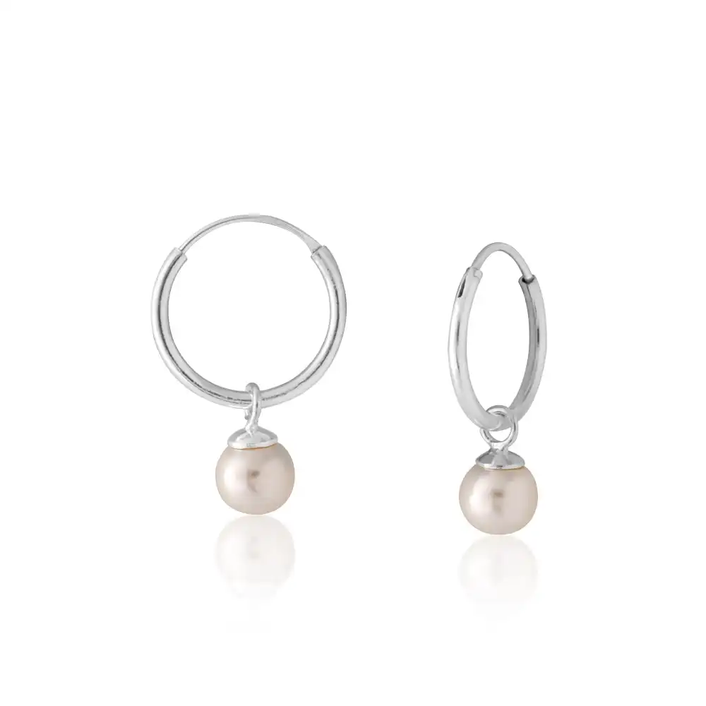 Sterling Silver Simulated Pearl Drop Hoop Earrings