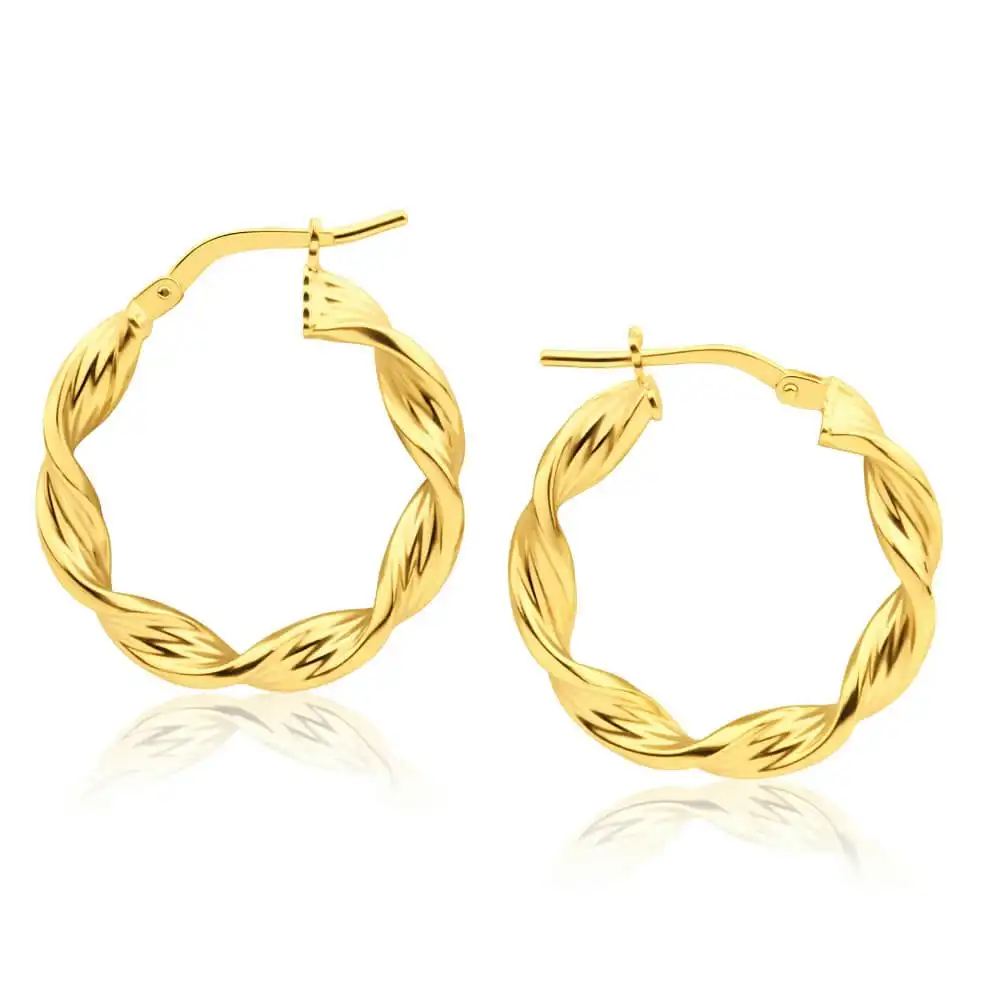 9ct Yellow Gold Silver Filled Swirl Twist 15mm Hoop Earrings