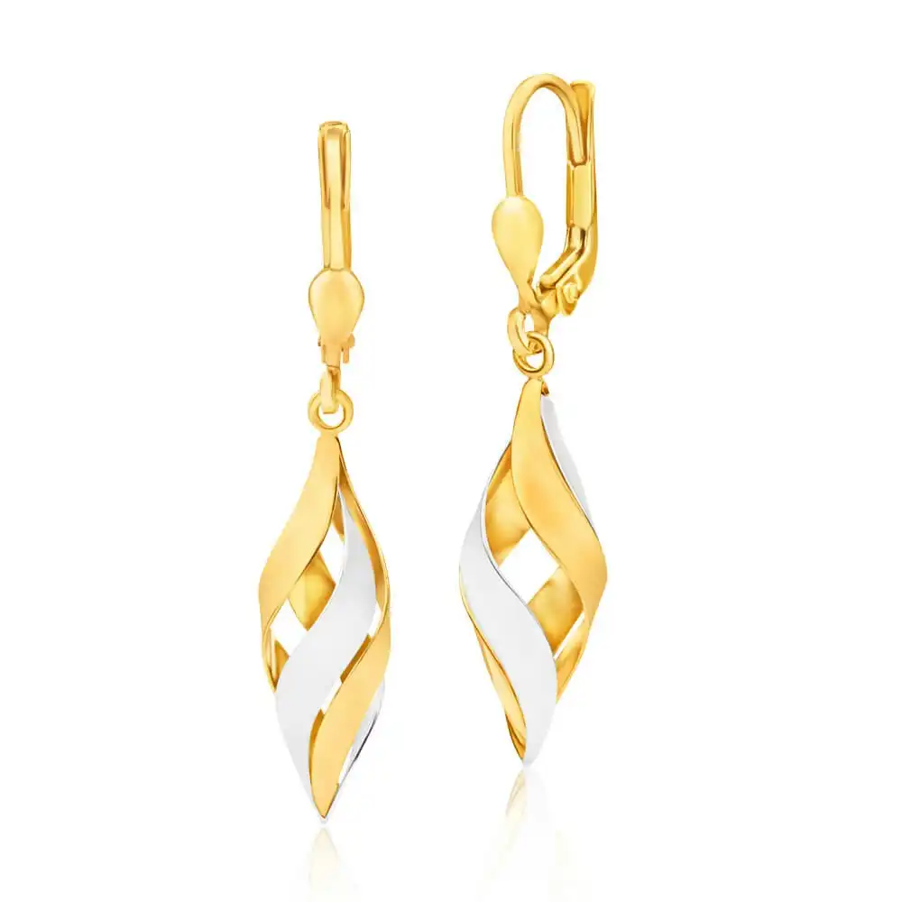 9ct Yellow Gold Silver Filled Two Tone Finish Twist Cage Drop Earrings