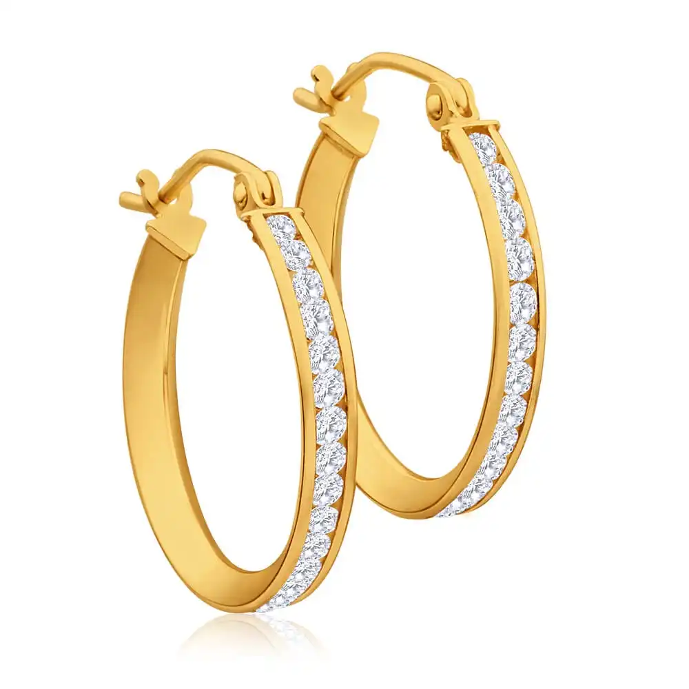 9ct Yellow Gold Silver Filled Cubic Zirconia 18mm Hoop Earrings