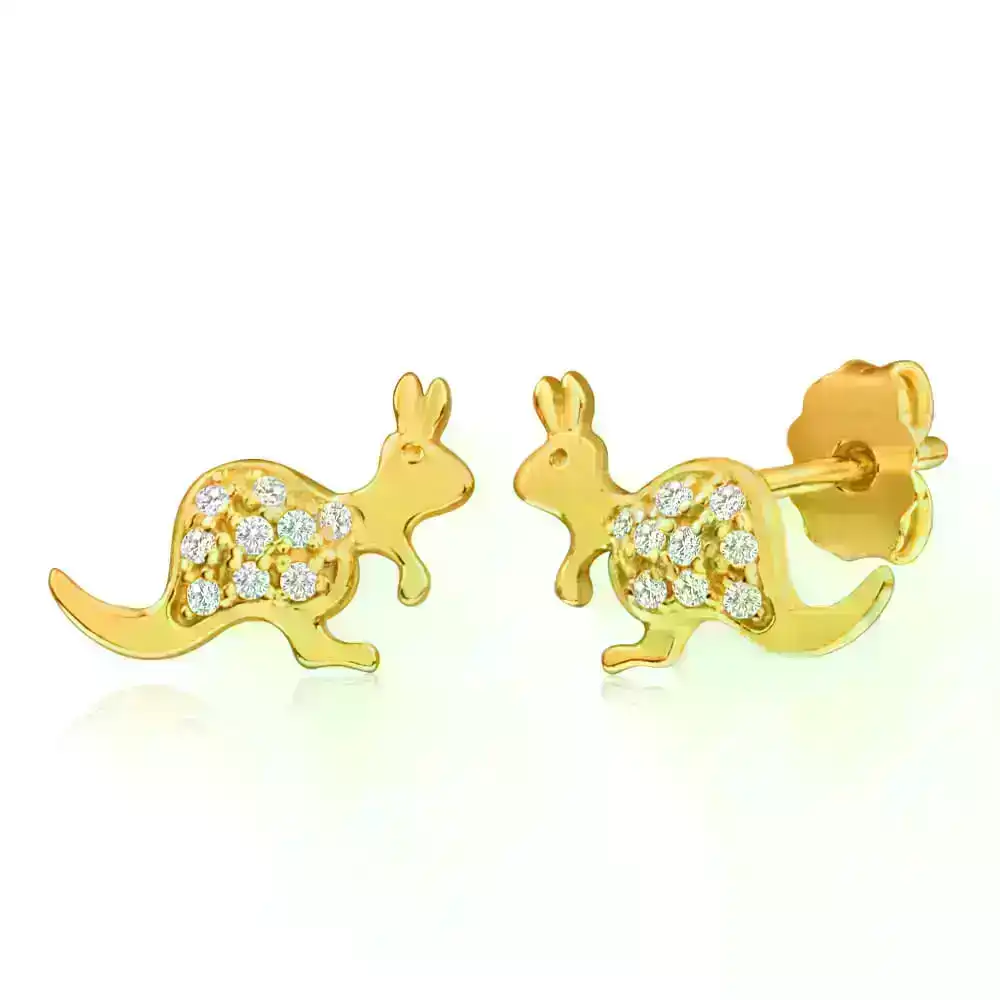 9ct Yellow Gold Silver Filled Cubic Zirconia Kangaroo Shape Stud Earrings