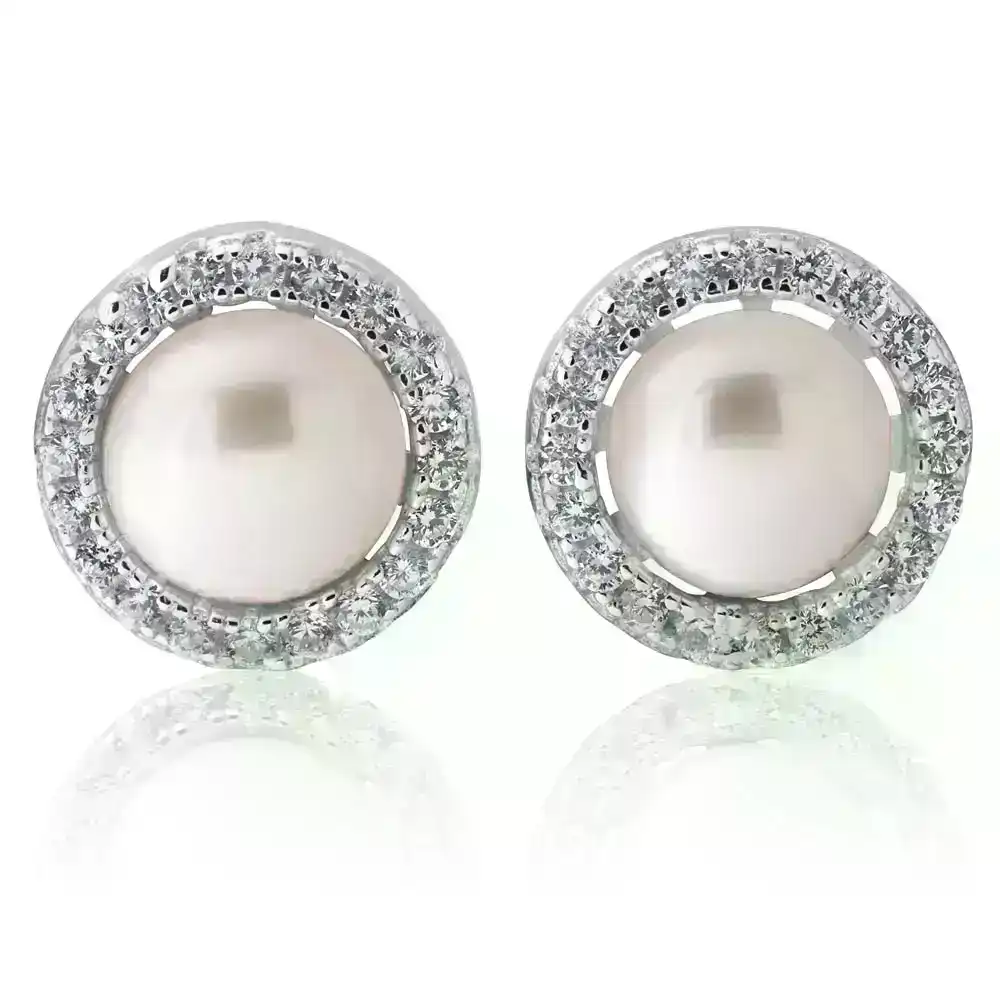 Sterling Silver Cubic Zirconia + Pearl Halo Stud Earrings