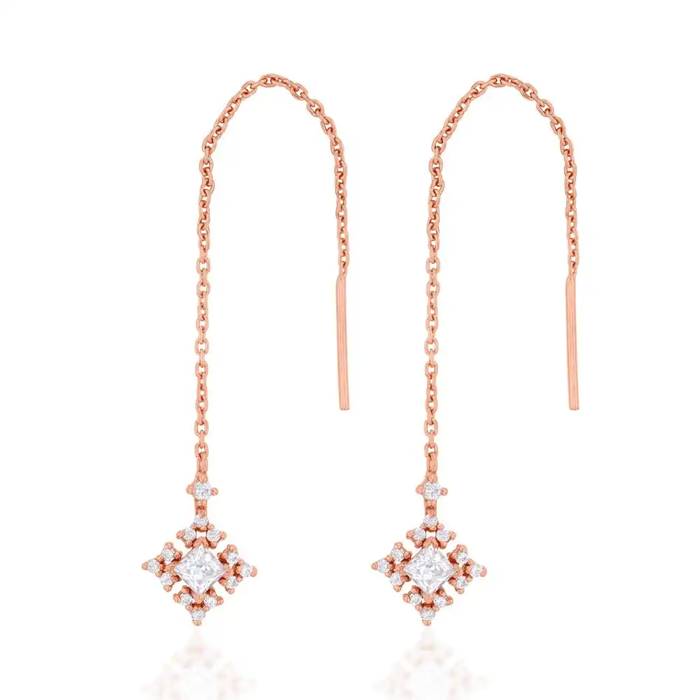 Sterling Silver Rose Gold Plated Cubic Zirconia On Snowflake Threader Earrings