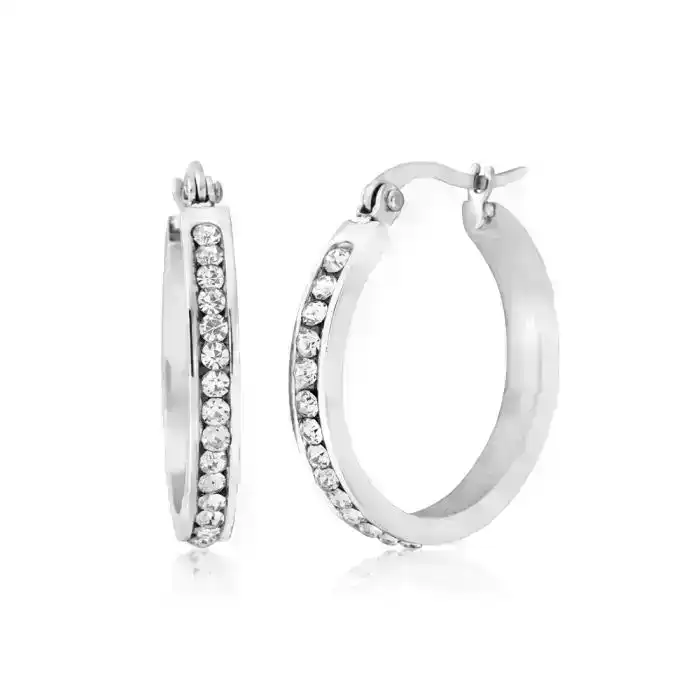 Stainless Steel 25mm Full Circle Crystal Hoop Earrings