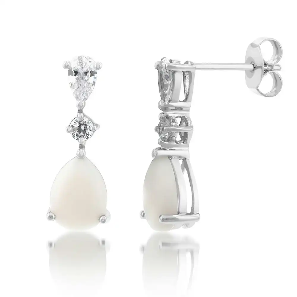 Natural White Opal and Zirconia Earrings in 9ct White Gold
