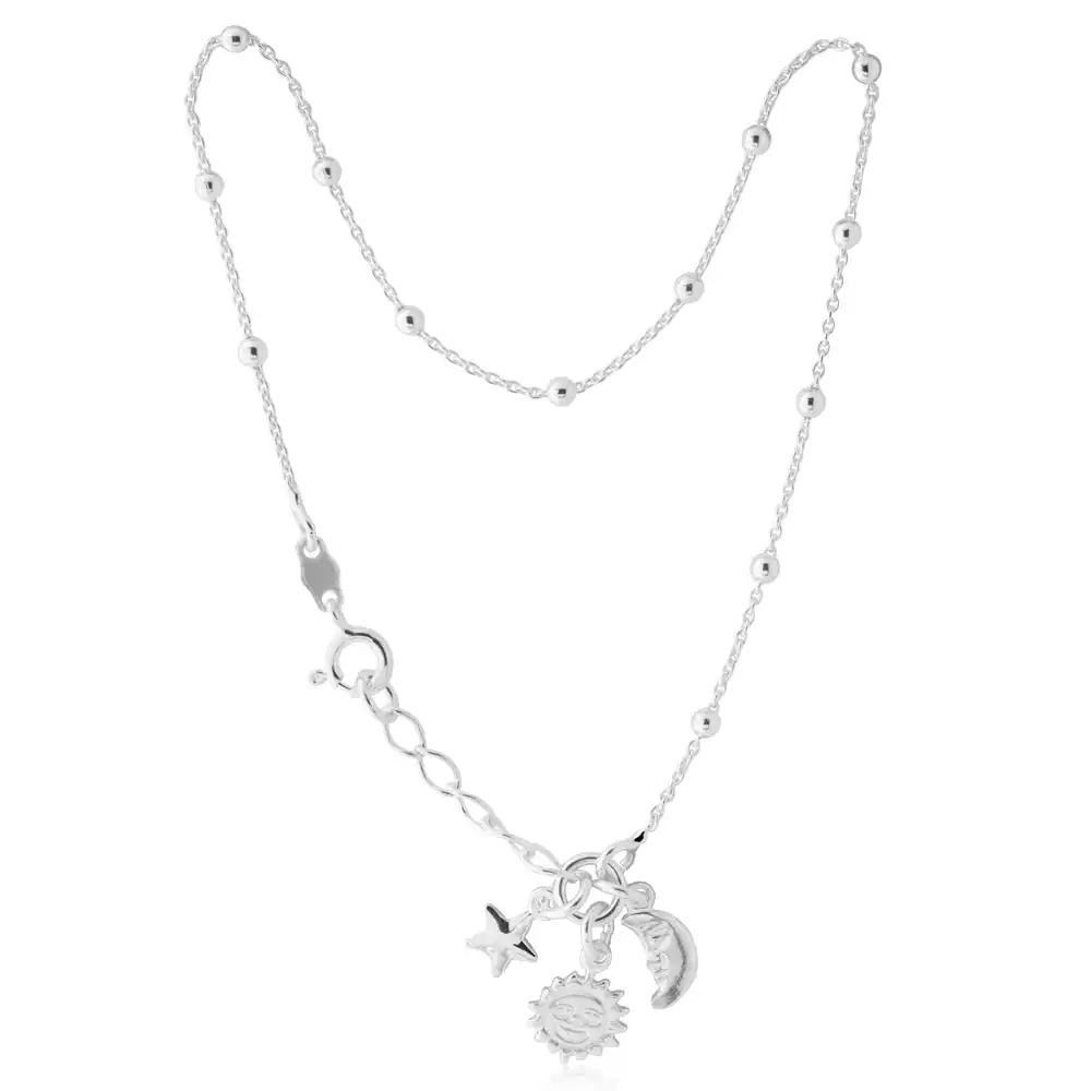 Sterling Silver 25cm Sun Moon and Star Charm Anklet