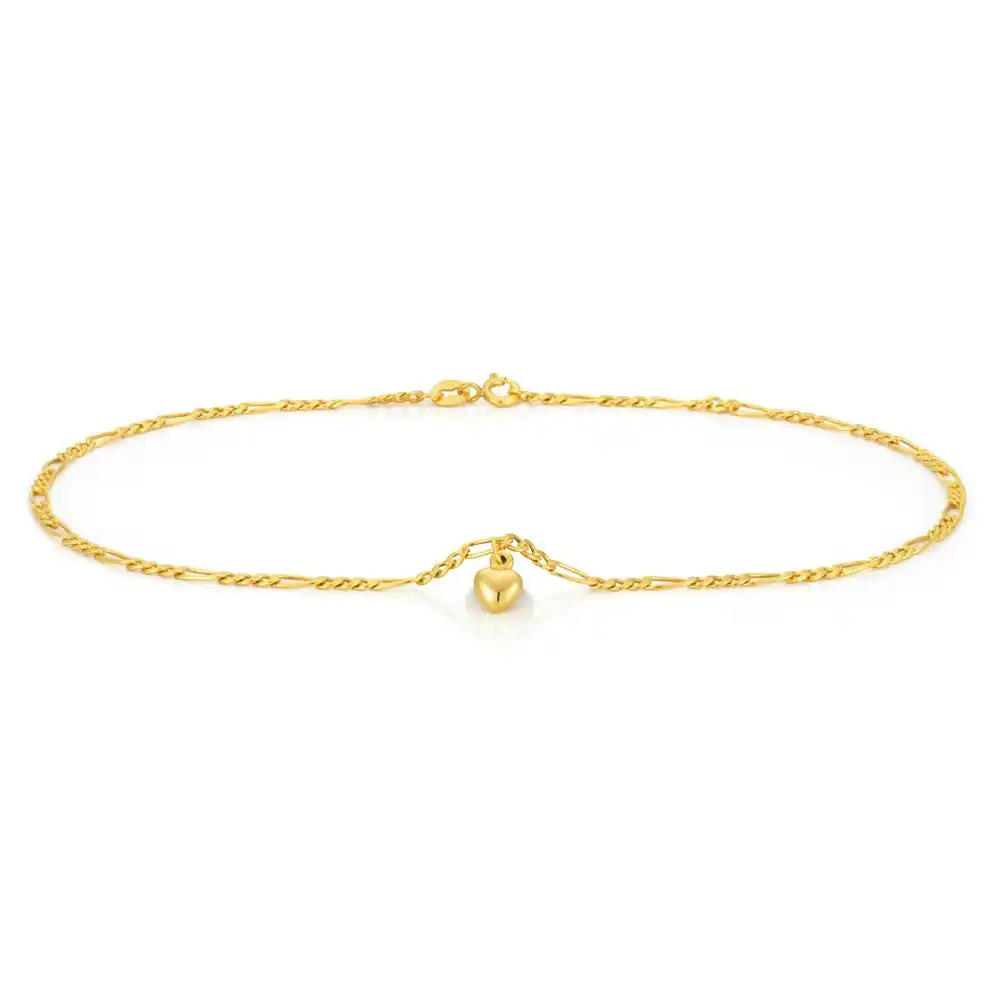 9ct Yellow Gold Heart Charm 3:1 Figaro 29cm Anklet