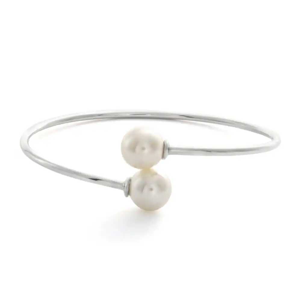 Sterling Silver Rhodium Plated Simulated Pearl Bangle