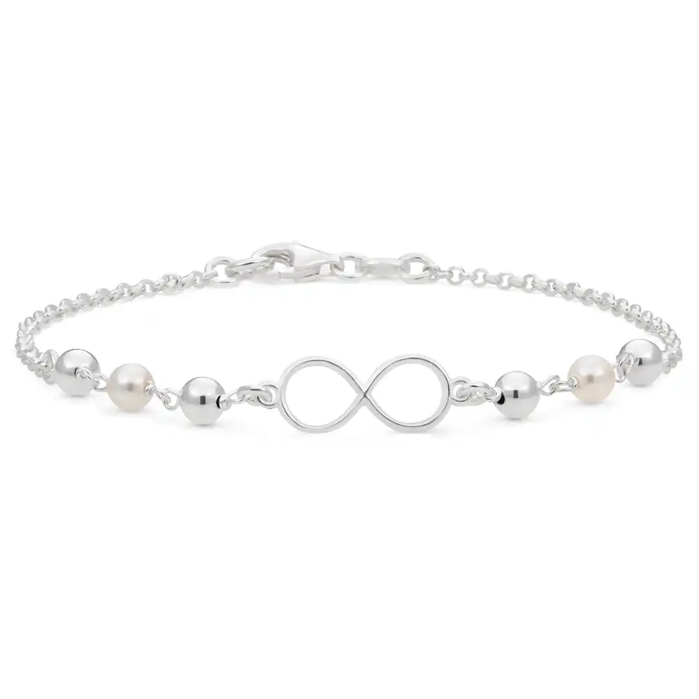 Sterling Silver Infinity and Simulated Pearl Fancy Bracelet 19cm