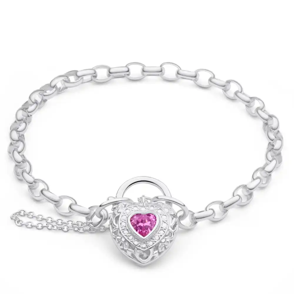 Sterling Silver Cubic Zirconia Filigree Heart 19cm Bracelet