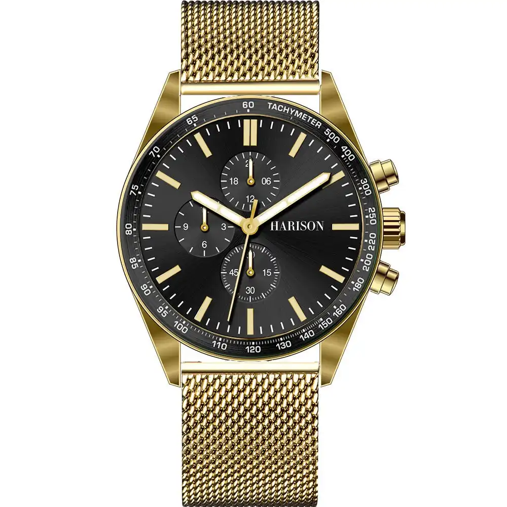 Harison Black Dial Gold Plated Stainless Steel 43mm