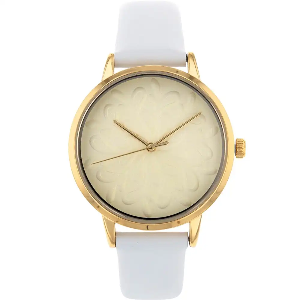 Ellis & Co Patterned Dial White Leather Womens Watch