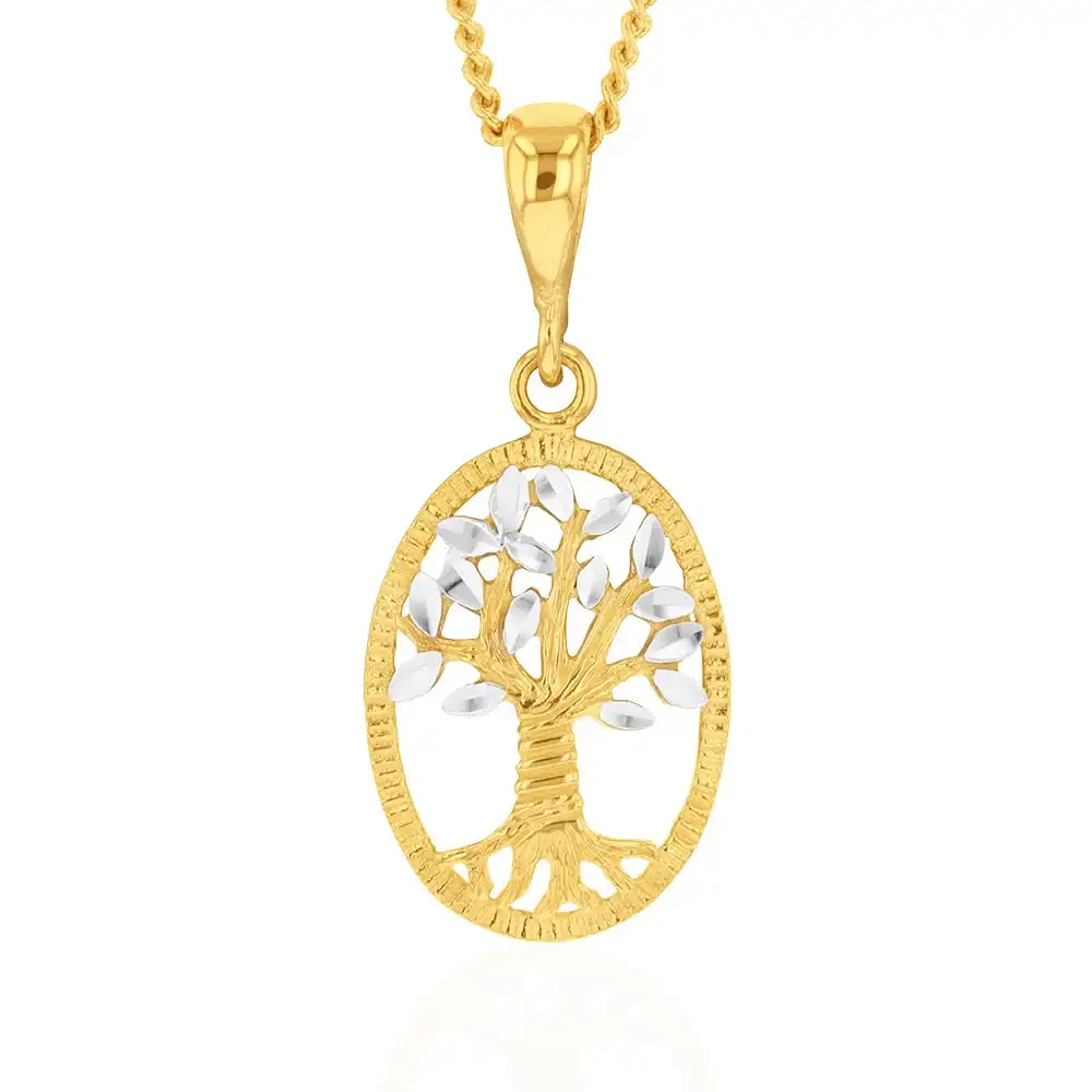 9ct Yellow And White Gold Tree Of Life Diamond Cut Pendant