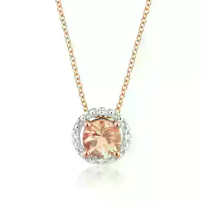 9ct Rose Gold Morganite 5mm with Diamond Halo Pendant With 45cm Chain