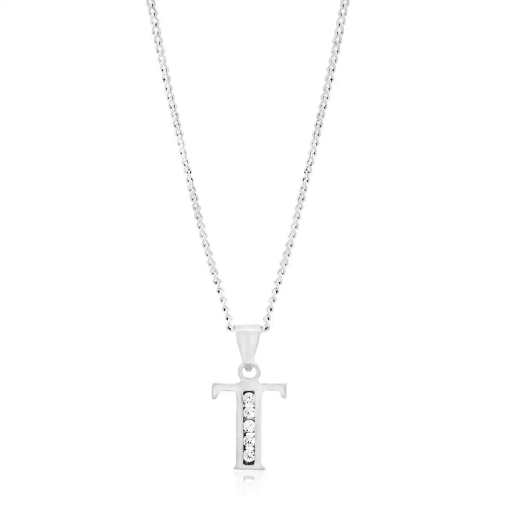 Sterling Silver Cubic Zirconia  Initial "T"  Pendant