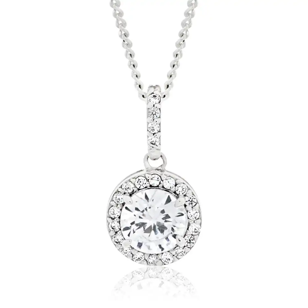 Sterling Silver Rhodium Plated Cubic Zirconia Round Pendant