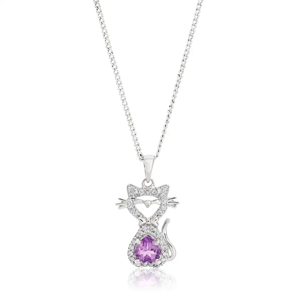 Sterling Silver Amethyst and Cubic Zirconia Cat Pendant