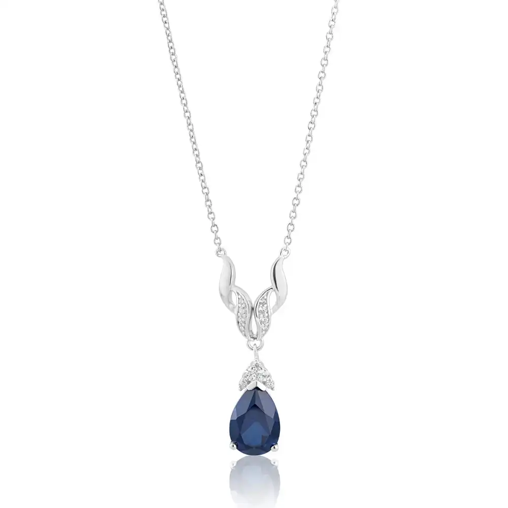 Sterling Silver Rhodium Plated Created Sapphire & Zirconia Necklet 42+3cm
