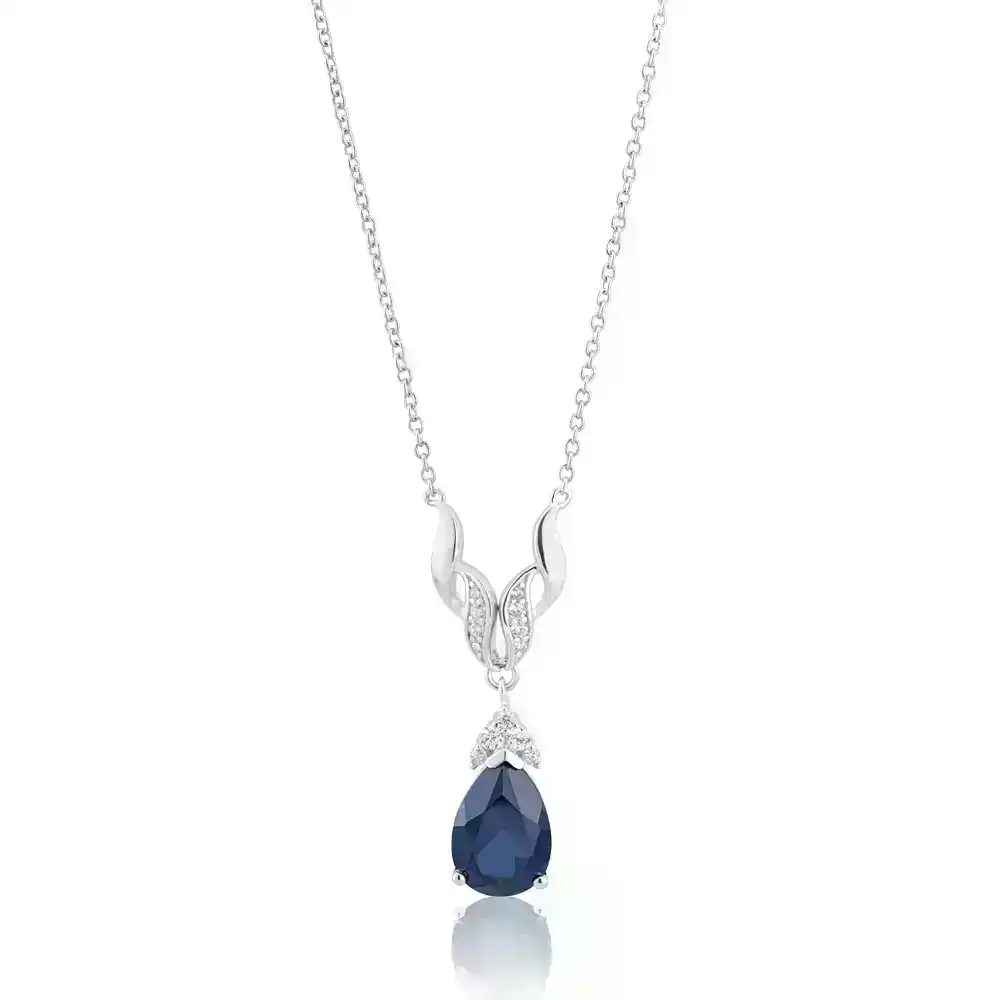 Sterling Silver Rhodium Plated Created Sapphire & Zirconia Necklet 42+3cm